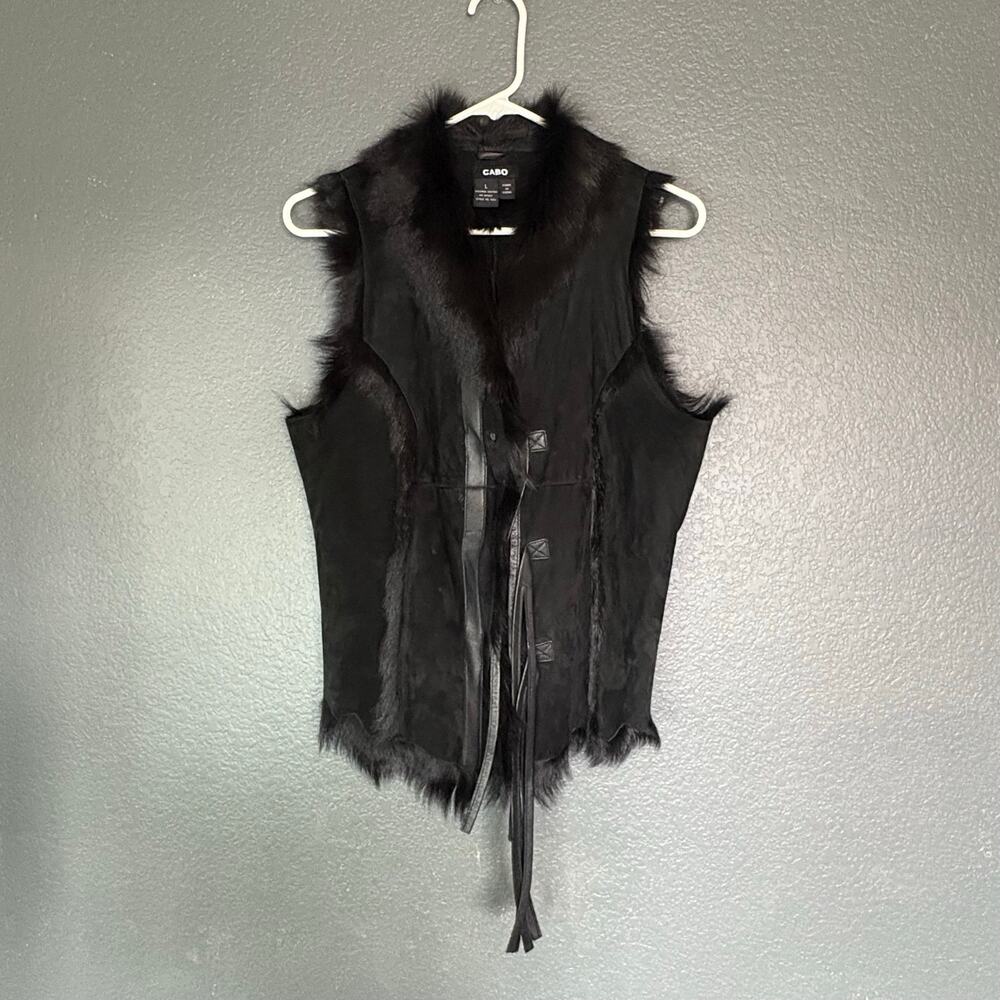 Y2K 2000s Cabo Leather Fur Vest Womens L Black Grunge Emo Goth Streetwear